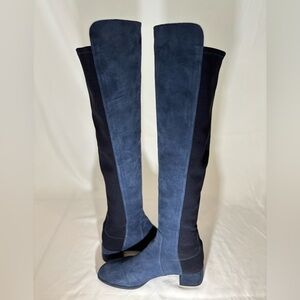 Stuart Weitzman ‘FIFO’ OTK Boots Blue Suede Black Elastic Calf Friendly 8